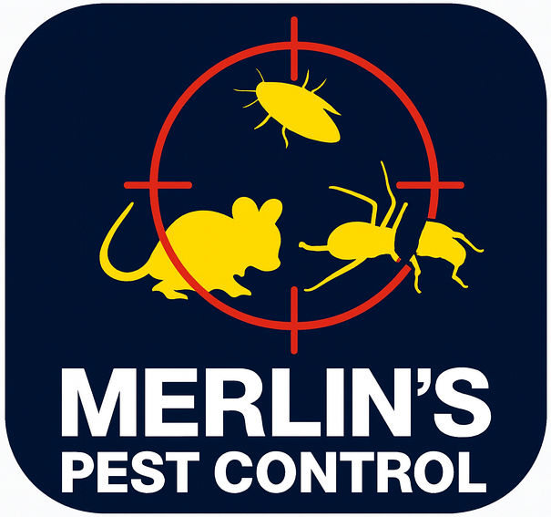Merlin's Pest Control logo with pests illustration