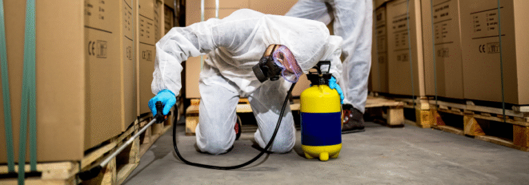 Pest control technician inspecting boxes in a warehouse in Sydney